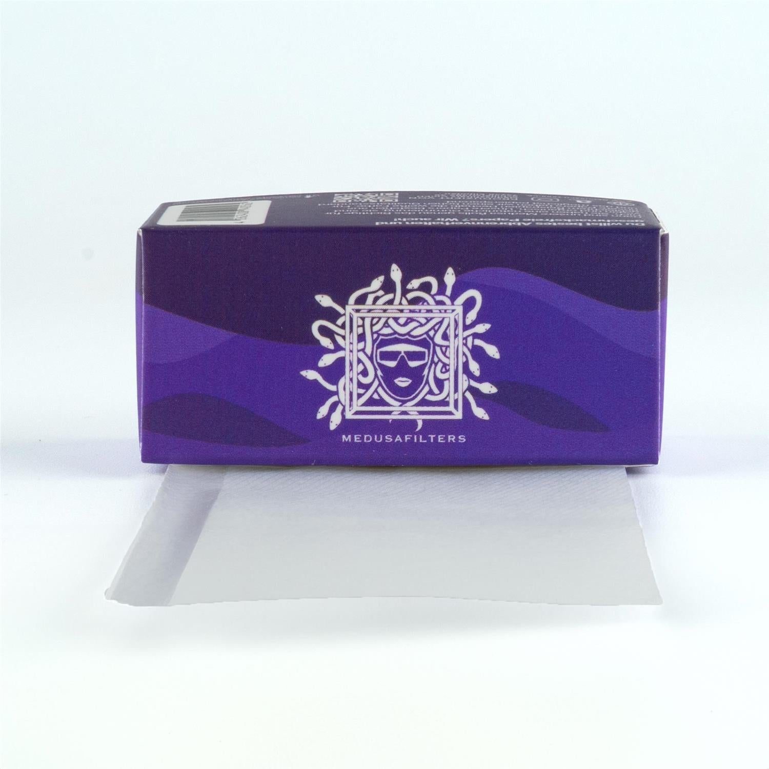 Medusa Filters Rolls & More Bleached Verpackung in Lila-Violett, Frontansicht, weißes Medusa-Logo, wellenförmiges Violett-Design, Barcode oben, weißlicher Reflexionsschatten unten