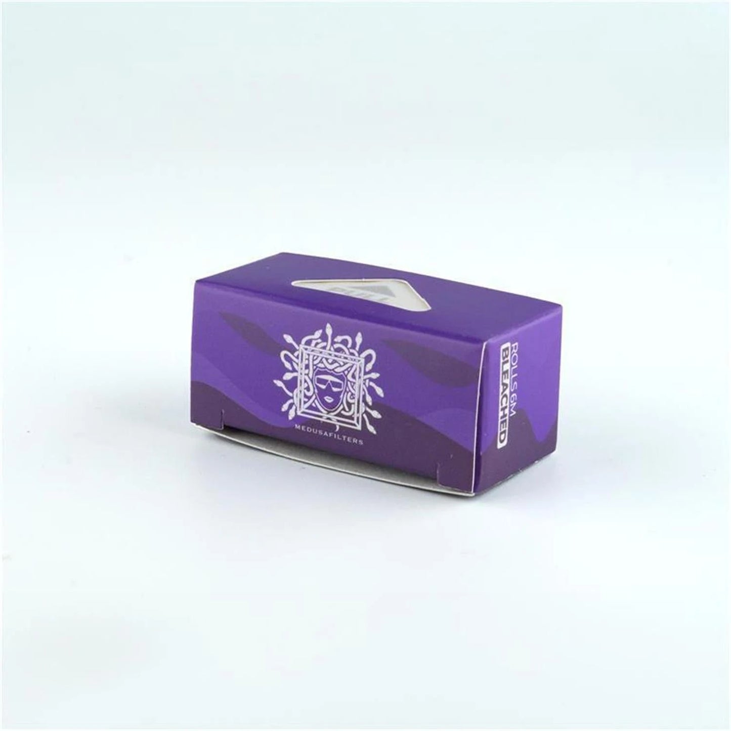 Medusa Filters Rolls & More Bleached Verpackung in Lila-Violett, Schrägansicht, weißes Medusa-Logo mit Schlangenhaaren, wellenförmiges Dunkelviolett-Design, Entnahmeöffnung oben