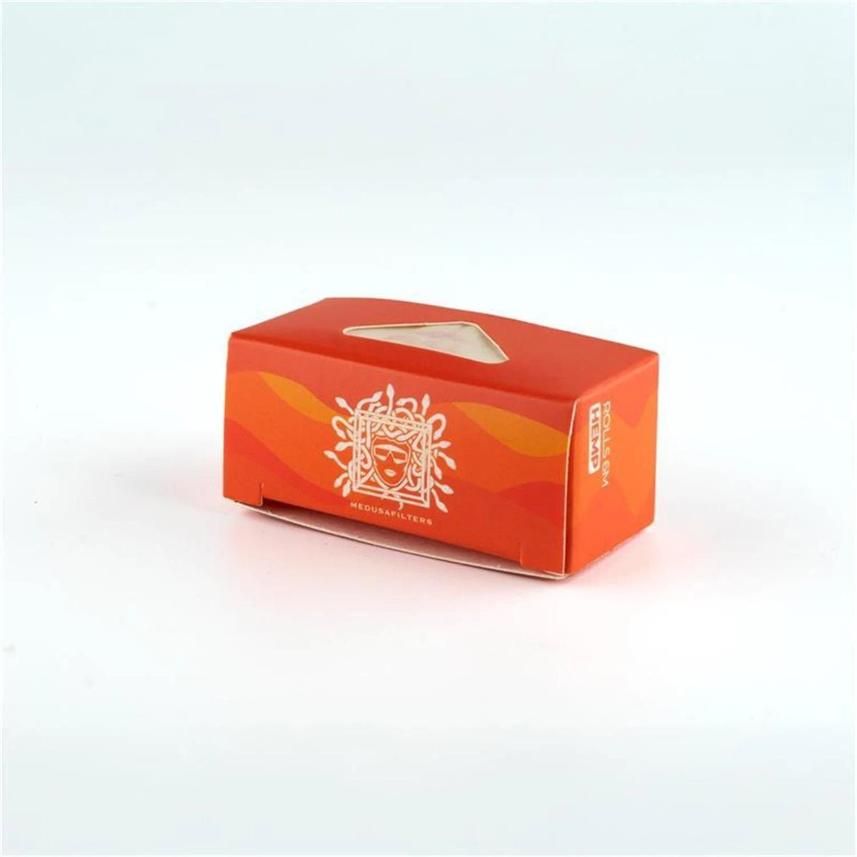 Medusa Filters Rolls & More Hemp Verpackung in Orange-Rot, Schrägansicht, weißes Medusa-Logo mit Schlangenhaaren, wellenförmiges Orange-Design, Entnahmeöffnung oben