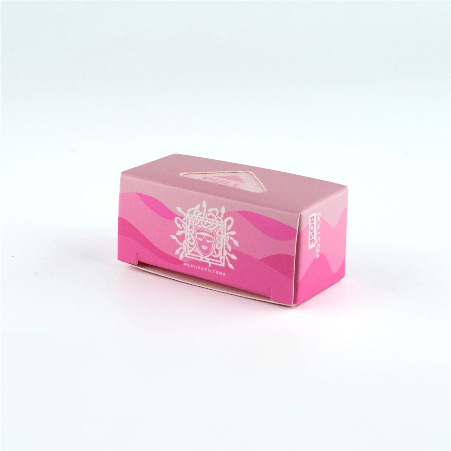Medusa Filters Rolls & More Verpackung in Pink, Schrägansicht, weißes Medusa-Logo mit Schlangenhaaren, wellenförmiges Design, Entnahmeöffnung oben