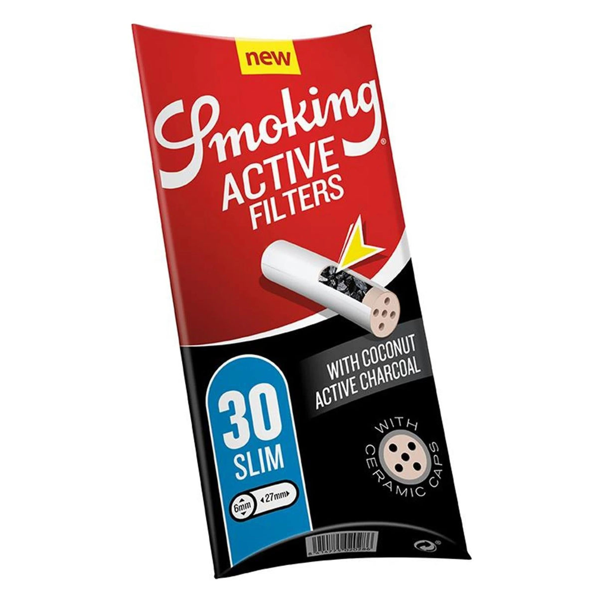 Smoking Active Filters Slim 30er Pack – rot-schwarze Kissenverpackung mit Filterquerschnitt-Illustration, Aufschrift "New", "With Coconut Active Charcoal" und "With Ceramic Caps", 30 Slim Filter, Ø 6mm, Länge 27mm