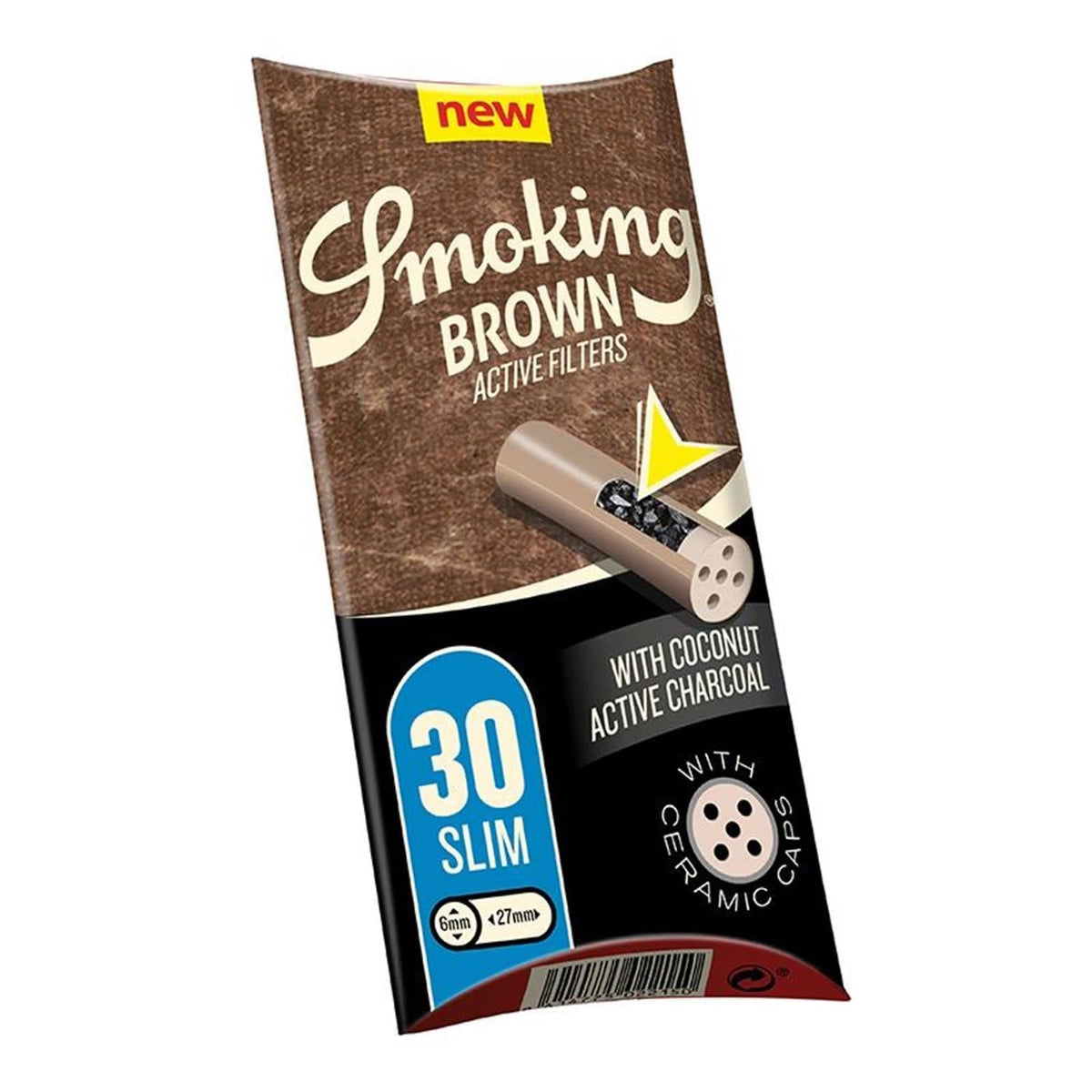 Smoking Brown Active Filters Slim 30er Pack – braun-schwarze Kissenverpackung mit Filterquerschnitt-Illustration, Aufschrift "New", "With Coconut Active Charcoal" und "With Ceramic Caps", 30 Slim Filter, Ø 6mm, Länge 27mm