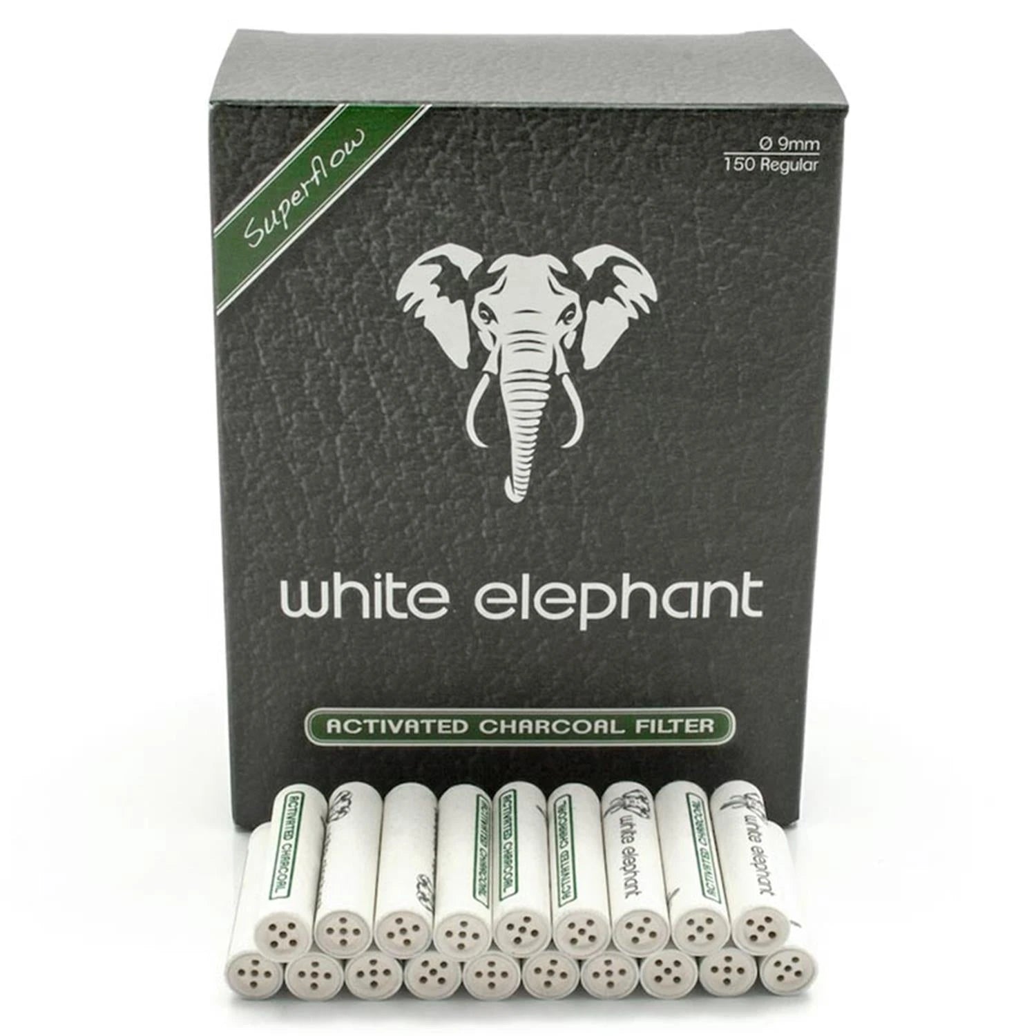 White Elephant Activated Charcoal Filter Superflow 150er Pack – schwarze Faltschachtel mit weißer Elefantenkopf-Illustration, davor aufgefächerte weiße zylindrische Filter mit sichtbarer Keramikkappe und Löchern an der Stirnseite, Ø 9mm