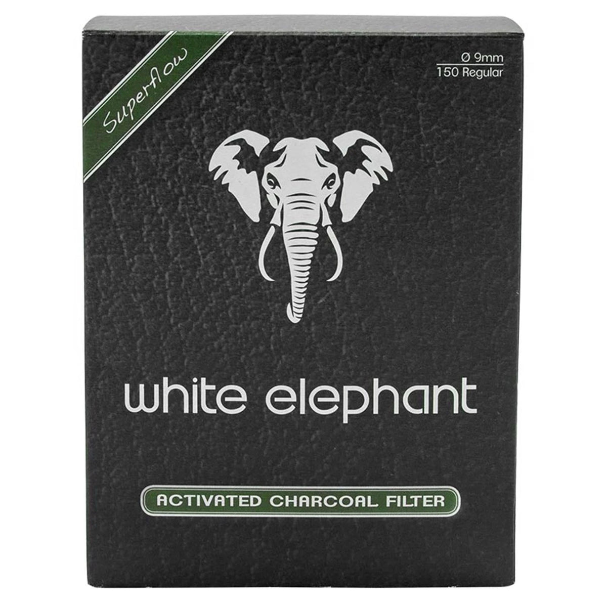 White Elephant Activated Charcoal Filter Superflow 150er Pack – schwarze Faltschachtel mit weißer Elefantenkopf-Illustration, grünem Superflow-Banner, Aufschrift "Activated Charcoal Filter", Ø 9mm, 150 Regular