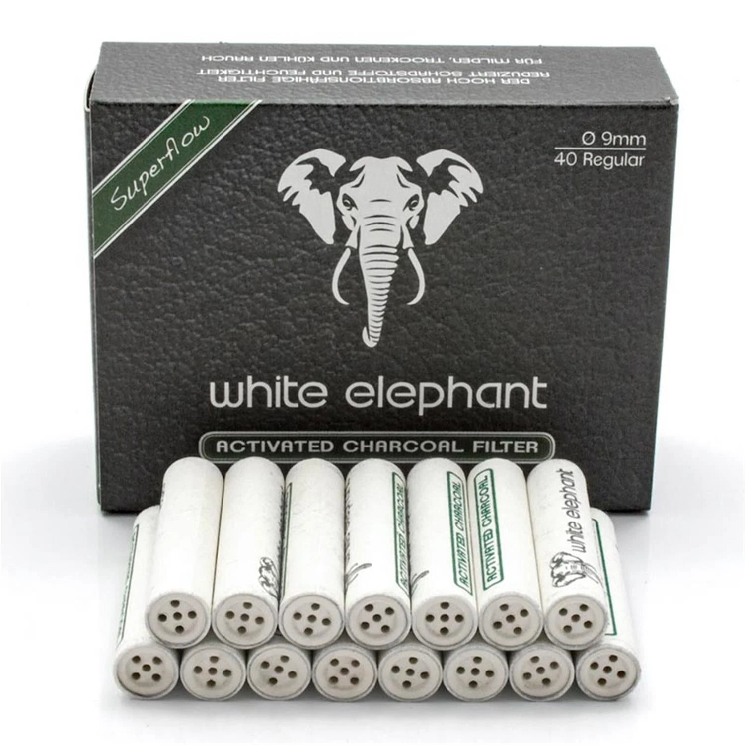White Elephant Activated Charcoal Filter Superflow 40er Pack – schwarze Faltschachtel mit weißer Elefantenkopf-Illustration, davor zwei Reihen aufgefächerter weißer zylindrischer Filter mit sichtbarer Keramikkappe und Löchern an der Stirnseite, Ø 9mm
