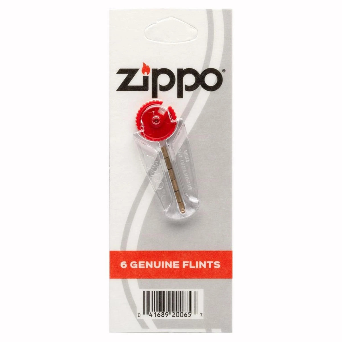 Zippo 6 Genuine Flints Ersatzfeuersteine, weiße Hängekarte mit 6 Feuersteinen in Klarsichtverpackung und rotem Reibrad, Barcode, weißer Hintergrund