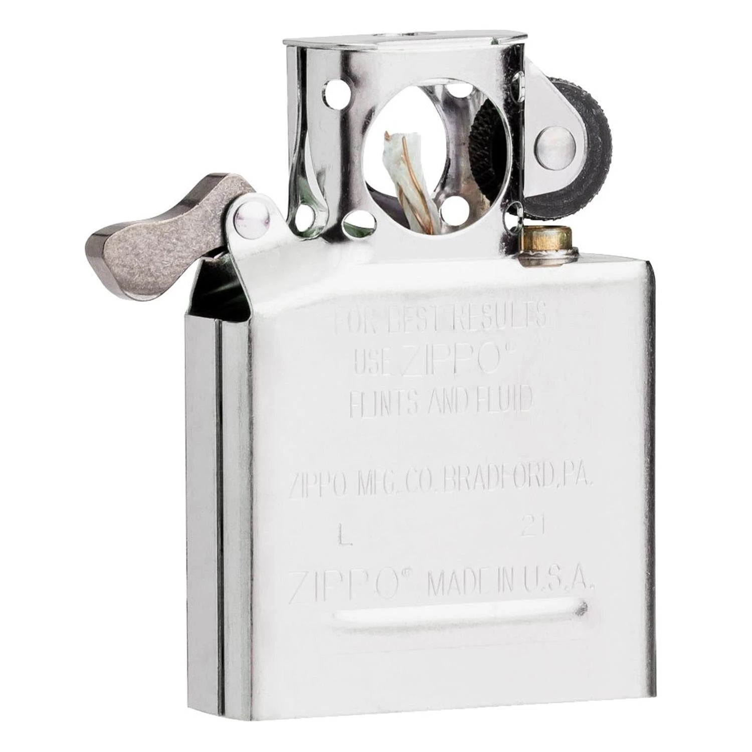 Zippo Ersatz-Innenwerk silber, freiliegendes Mechanik-Insert mit Reibrad und Docht, Gravur „Made in USA", weißer Hintergrund