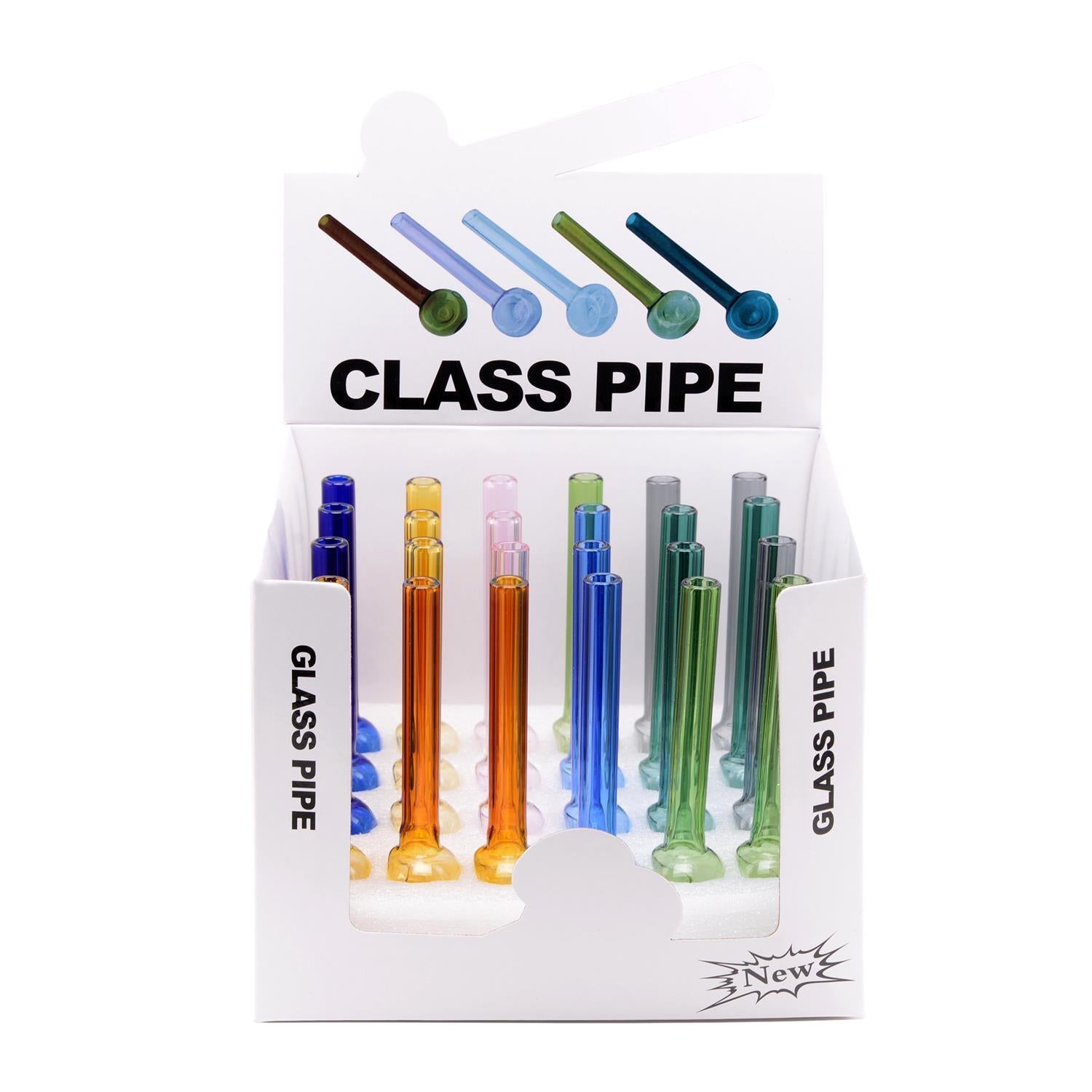 Glass Pipe Display-Box mit bunten Glaspfeifen in Blau, Orange, Rosa, Hellblau, Grau und Grün, schlankes Design mit flachem Kugelkopf, weißer Hintergrund