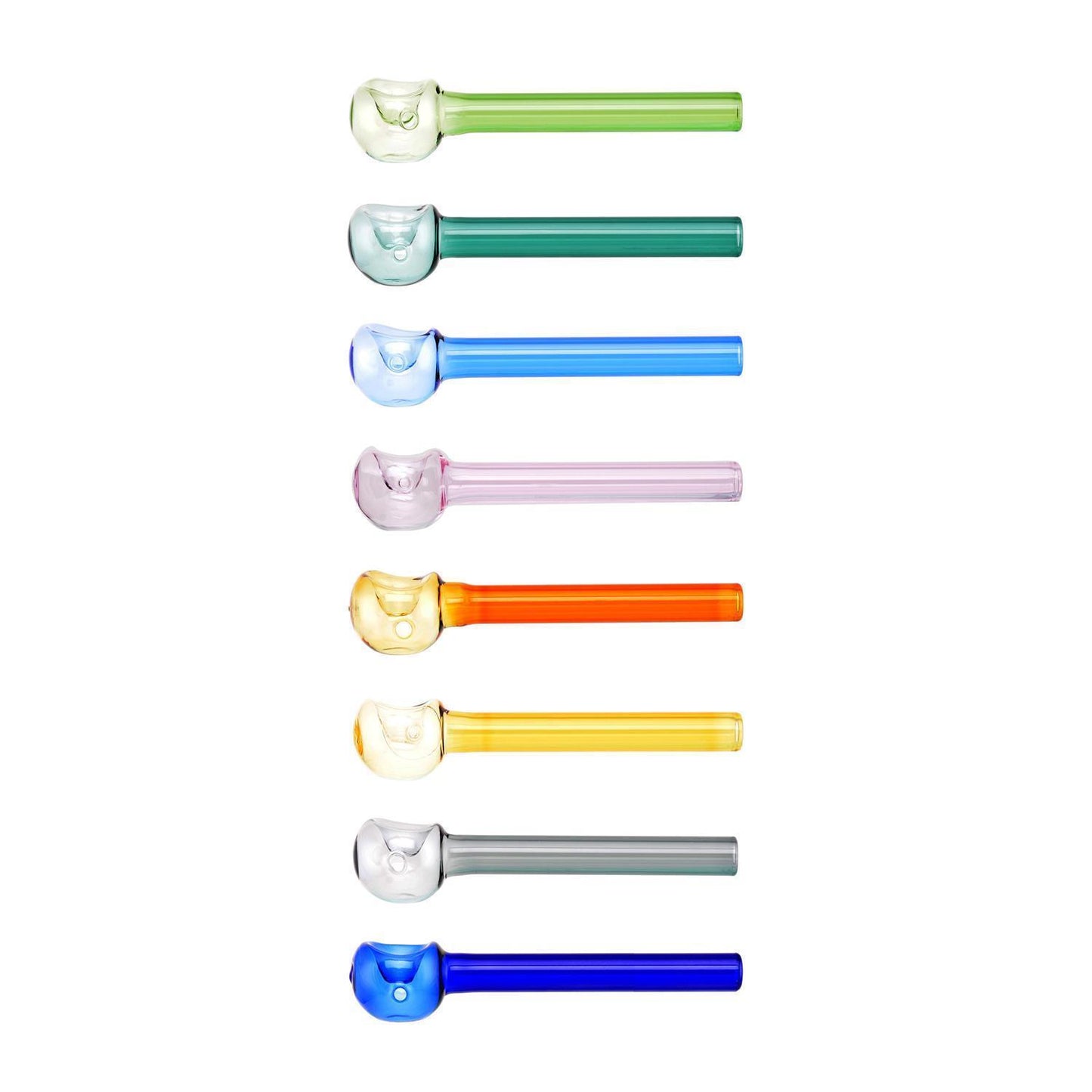 8 bunte Glaspfeifen mit flachem Kugelkopf übereinander: Grün, Türkis, Hellblau, Rosa, Orange, Gelb, Grau und Dunkelblau, schlichtes schlankes Design, weißer Hintergrund