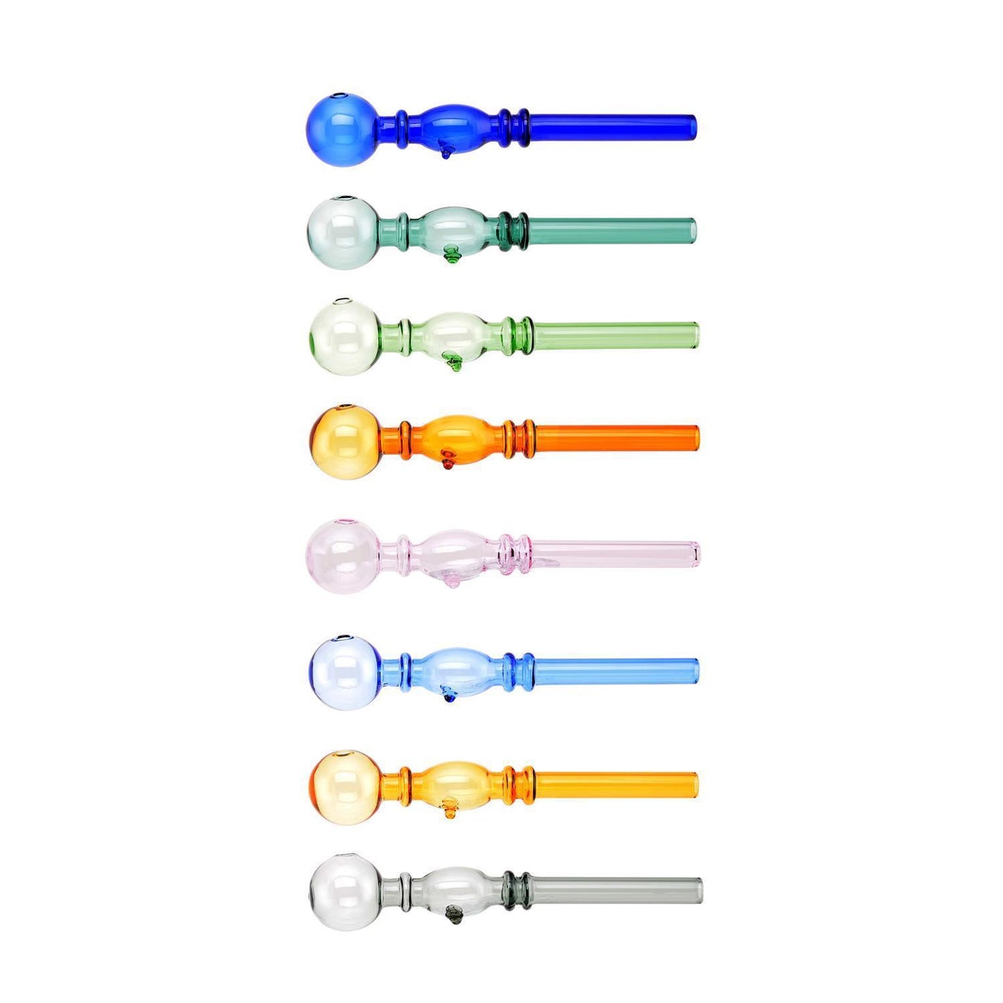 8 bunte Glaspfeifen mit rundem Kugelkopf übereinander: Blau, Mintgrün, Hellgrün, Orange, Rosa, Hellblau, Gelb und Grau, weißer Hintergrund