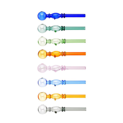 8 bunte Glaspfeifen mit rundem Kugelkopf übereinander: Blau, Mintgrün, Hellgrün, Orange, Rosa, Hellblau, Gelb und Grau, weißer Hintergrund