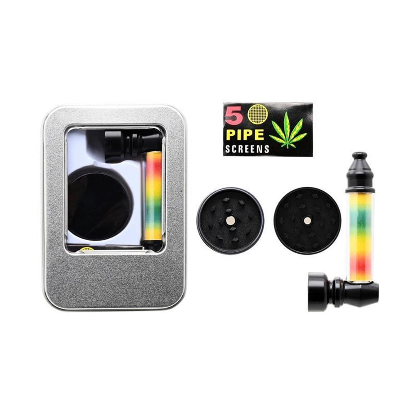 Atomic Smoking Set, silberne Metalldose mit Sichtfenster, ausgebreitet mit Rasta-farbener Metallpfeife, zweiteiligem Mini-Grinder und 5 Pipe Screens, weißer Hintergrund