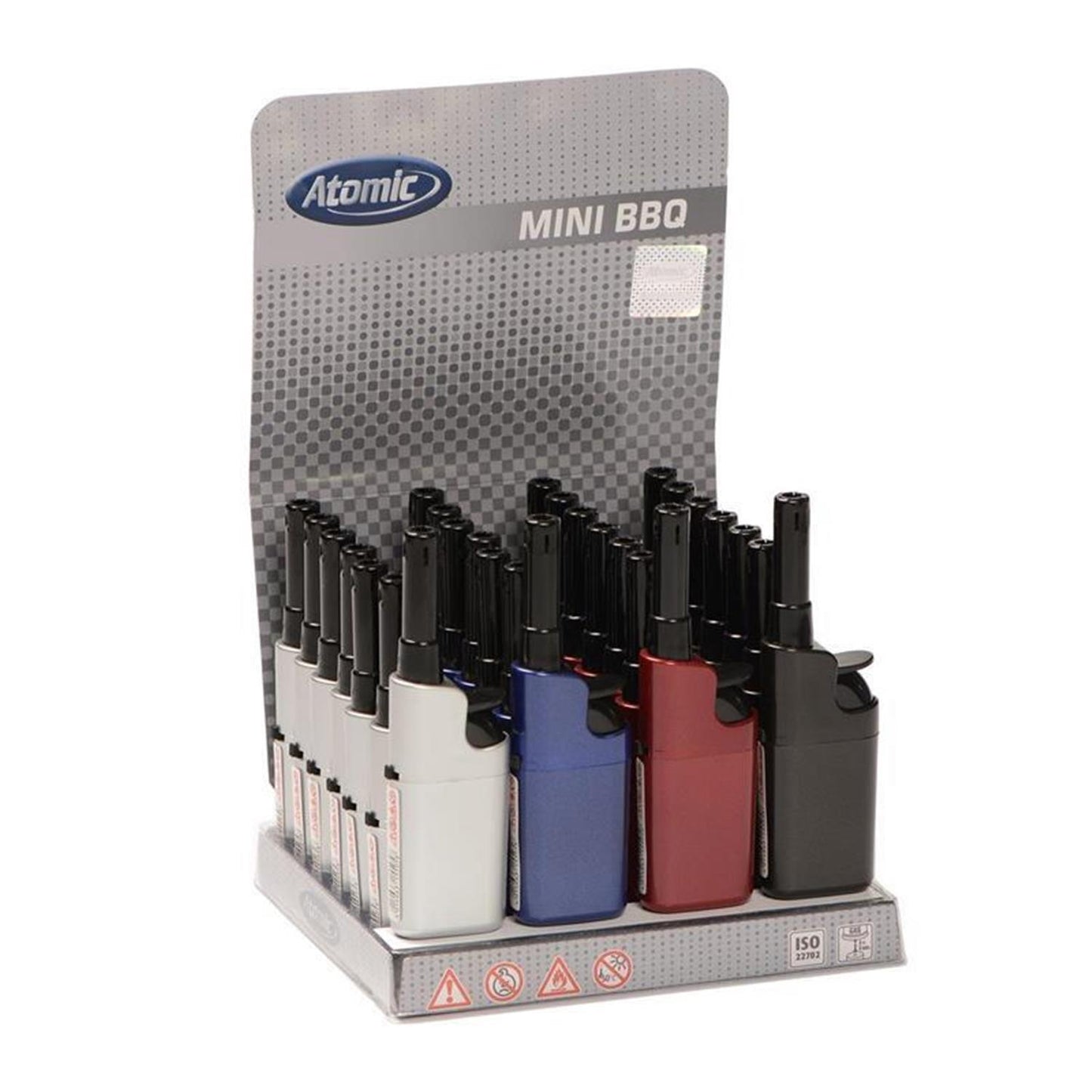 Atomic Mini BBQ Stabfeuerzeuge, Display-Box mit 20 Stück in vier Farben: Silber, Blau, Rot und Schwarz, schwarze Brennerdüse, ISO-zertifiziert, weißer Hintergrund