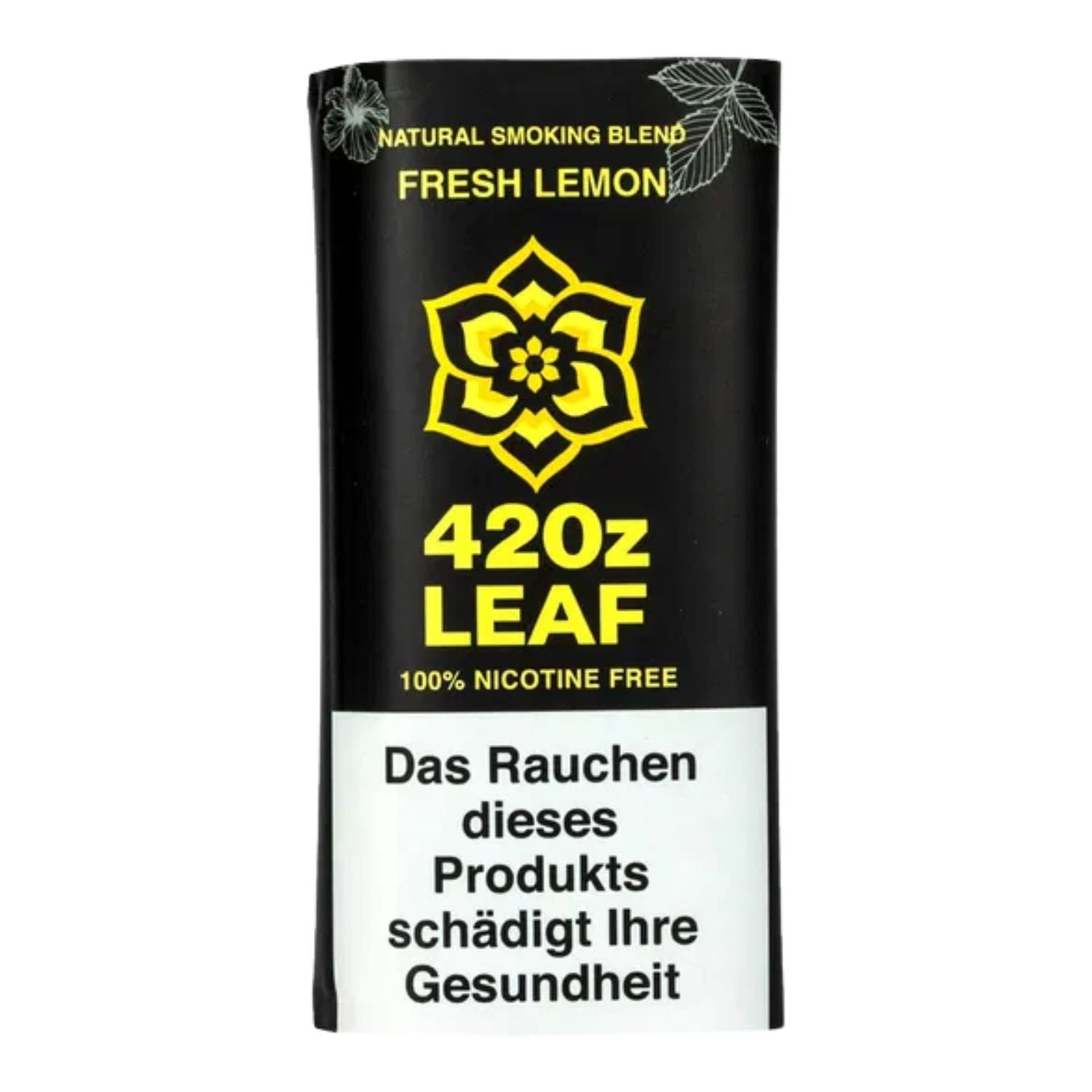 420z Leaf Fresh Lemon Natural Smoking Blend, schwarzer Tabakersatz-Beutel, gelbes Blüten-Logo, „100% Nicotine Free", deutscher Warnhinweis unten, weißer Hintergrund