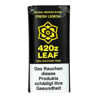 420z Leaf Fresh Lemon Natural Smoking Blend, schwarzer Tabakersatz-Beutel, gelbes Blüten-Logo, „100% Nicotine Free", deutscher Warnhinweis unten, weißer Hintergrund