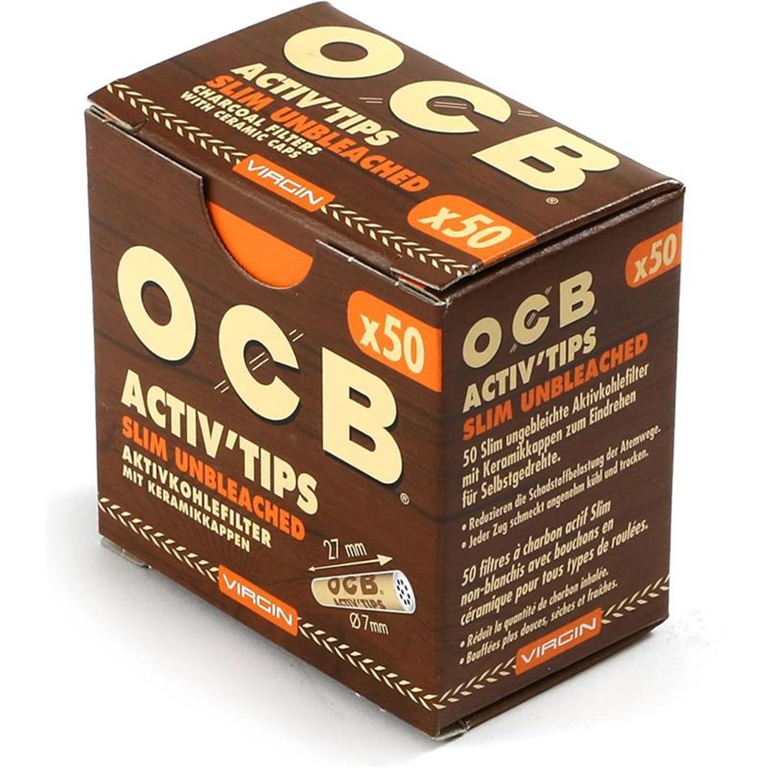 OCB Aktivkohlefilter Virgin Activ Tips Slim unbleached Ø 7 mm (50 Stück)