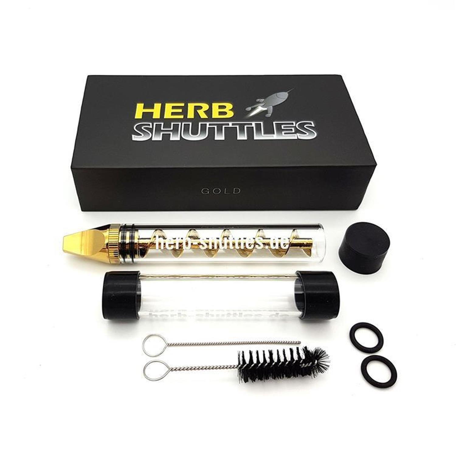 Herb Shuttles Gold Set – Komplettset mit transparentem Glaszylinder, goldfarbenem Mundstück, Aufbewahrungsröhrchen mit schwarzen Kappen, Reinigungsbürsten und O-Ringen in schwarzer Geschenkbox