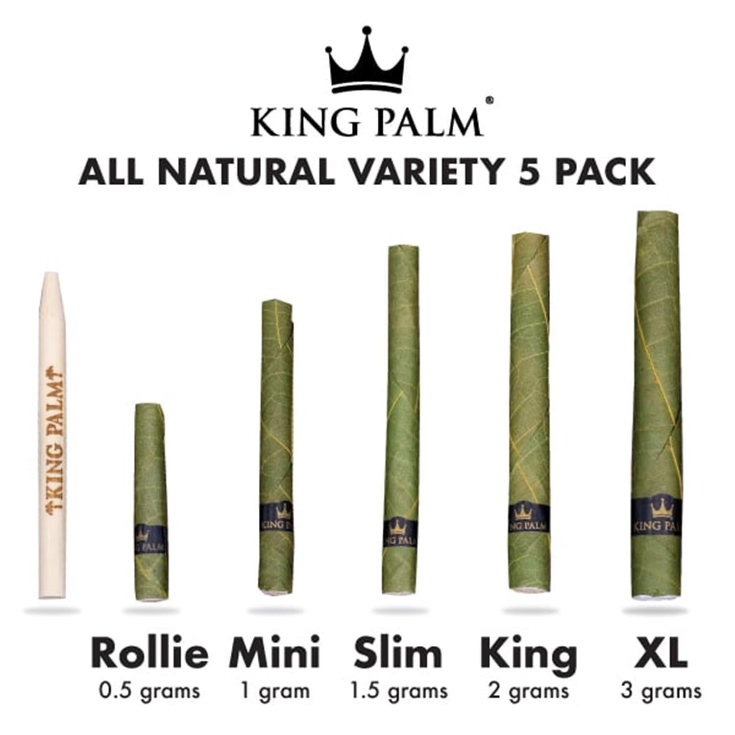 King Palm All Natural Variety 5 Pack – Größenvergleich der Blattröhrchen Rollie (0,5g), Mini (1g), Slim (1,5g), King (2g) und XL (3g)