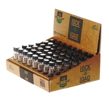 Lock-N-Load Chillum Glasfilter 9mm, offene Kraftpapier-Display-Box mit 48 transparenten Glasfiltern mit schwarzen Schraubdeckeln, Made in USA, weißer Hintergrund