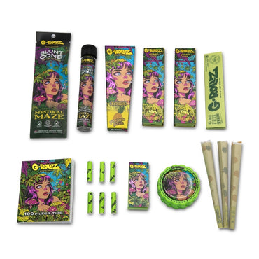 G-ROLLZ Gift Box Mystical Maze S, Set-Inhalt mit Mystical Maze Blunt Cone, Blunt Cone im Glas-Tube, Pineapple Punch Pre-Rolled Cones, Green Hemp Papers, 100 Filter Tips, Aufbewahrungsbox, Grinder und Cones im psychedelischen Maze-Design