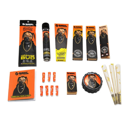 G-ROLLZ Gift Box Rap S, Set-Inhalt mit Orange Bud Blunt Cone, Blunt Cone im Glas-Tube, Banana Cloud Pre-Rolled Cones, Unbleached Papers, 100 Filter Tips, Aufbewahrungsbox, Grinder und Cones im Rap-Hund-Design