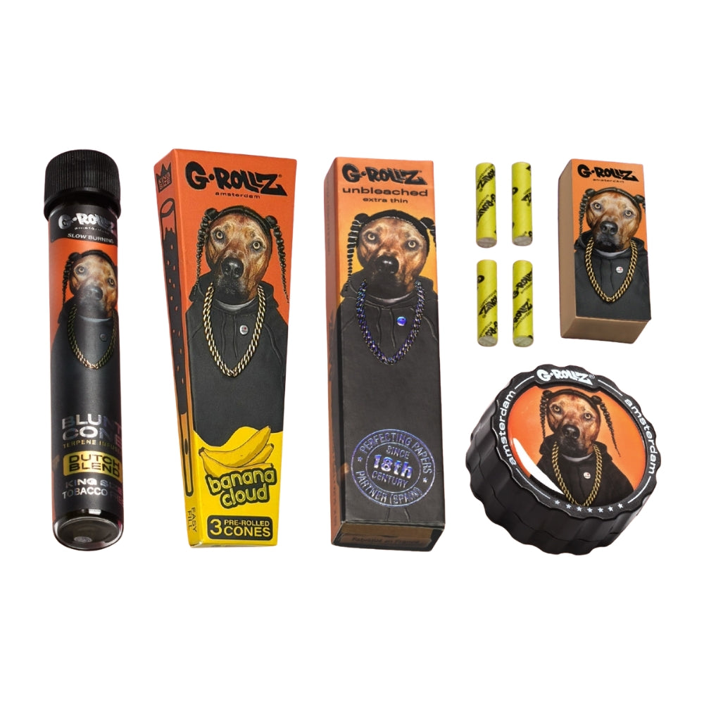 G-ROLLZ Gift Box Rap XS, Set-Inhalt mit Blunt Cone im Glas-Tube, Banana Cloud Pre-Rolled Cones, Unbleached Extra Thin Papers, Tips, Aufbewahrungsbox und Grinder im Rap-Hund-Design