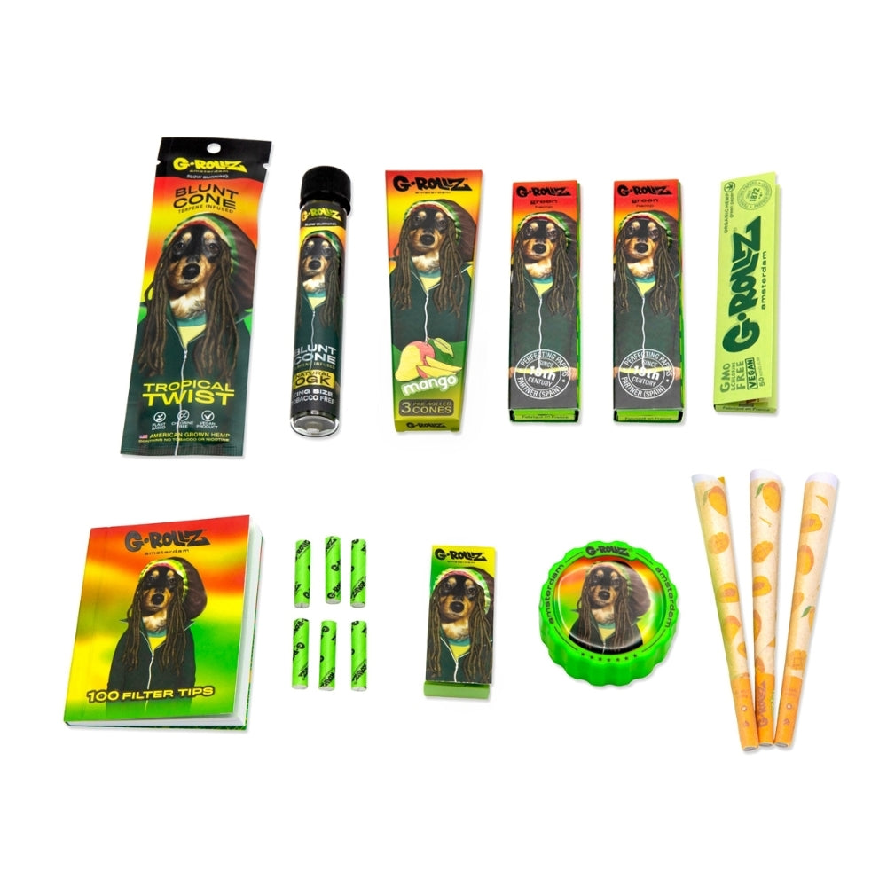 G-ROLLZ Gift Box Reggae S, Set-Inhalt mit Tropical Twist Blunt Cone, Blunt Cone im Glas-Tube, Mango Pre-Rolled Cones, Green Hemp Papers, 100 Filter Tips, Aufbewahrungsbox, Grinder und Cones im Reggae-Hund-Design