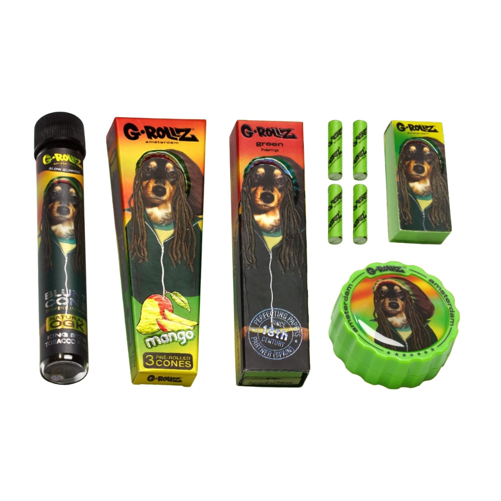 G-ROLLZ Gift Box Reggae XS, Set-Inhalt mit Blunt Cone im Glas-Tube, Mango Pre-Rolled Cones, Green Hemp Papers, Tips, Aufbewahrungsbox und Grinder im Reggae-Hund-Design