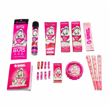 G-ROLLZ Gift Box Thug for Life S, Set-Inhalt mit Rose Bud Blunt Cone, Strawberry Swing Blunt Cone im Glas-Tube, Strawberry Pre-Rolled Cones, Pink Papers, 100 Filter Tips, Aufbewahrungsbox, Grinder und Cones im Banksy-Graffiti-Hasen-Design