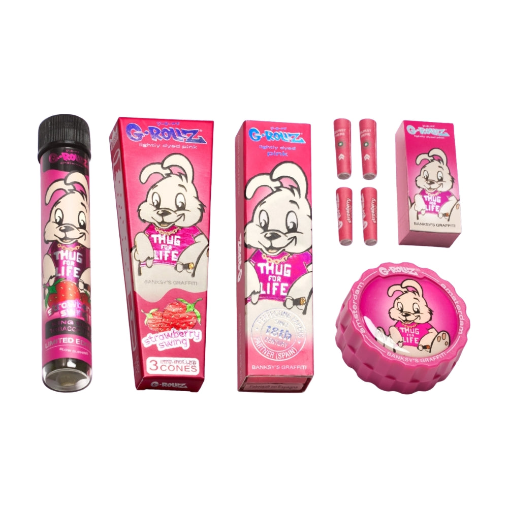 G-ROLLZ Gift Box Thug for Life XS, Set-Inhalt mit Strawberry Swing Blunt Cone im Glas-Tube, Strawberry Pre-Rolled Cones, Pink Papers, Tips, Aufbewahrungsbox und Grinder im Banksy-Graffiti-Hasen-Design