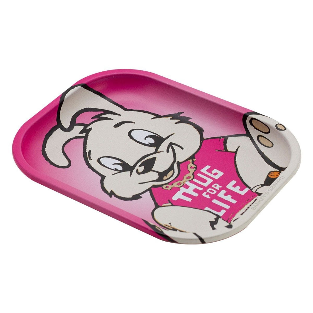 G-ROLLZ Rolling Tray Small Thug for Life in Pink, Metall-Rolltablett mit Banksy-Graffiti-Hasen-Motiv, Schrägansicht