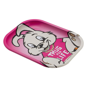 G-ROLLZ Rolling Tray Small Thug for Life in Pink, Metall-Rolltablett mit Banksy-Graffiti-Hasen-Motiv, Schrägansicht