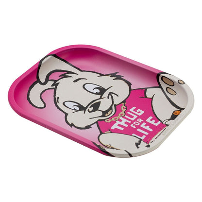 G-ROLLZ Rolling Tray Small Thug for Life in Pink, Metall-Rolltablett mit Banksy-Graffiti-Hasen-Motiv, Schrägansicht