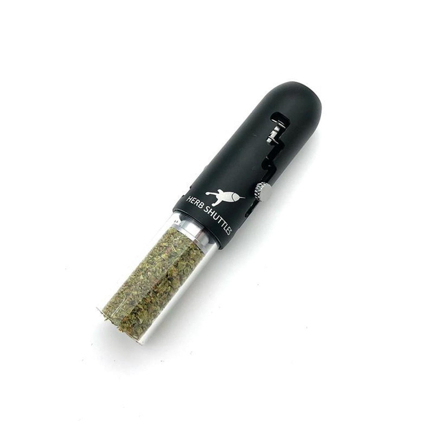Herb Shuttles Kräuterbehälter in Schwarz mit gefülltem transparentem Glasaufsatz