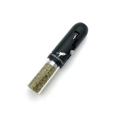 Herb Shuttles Kräuterbehälter in Schwarz mit gefülltem transparentem Glasaufsatz