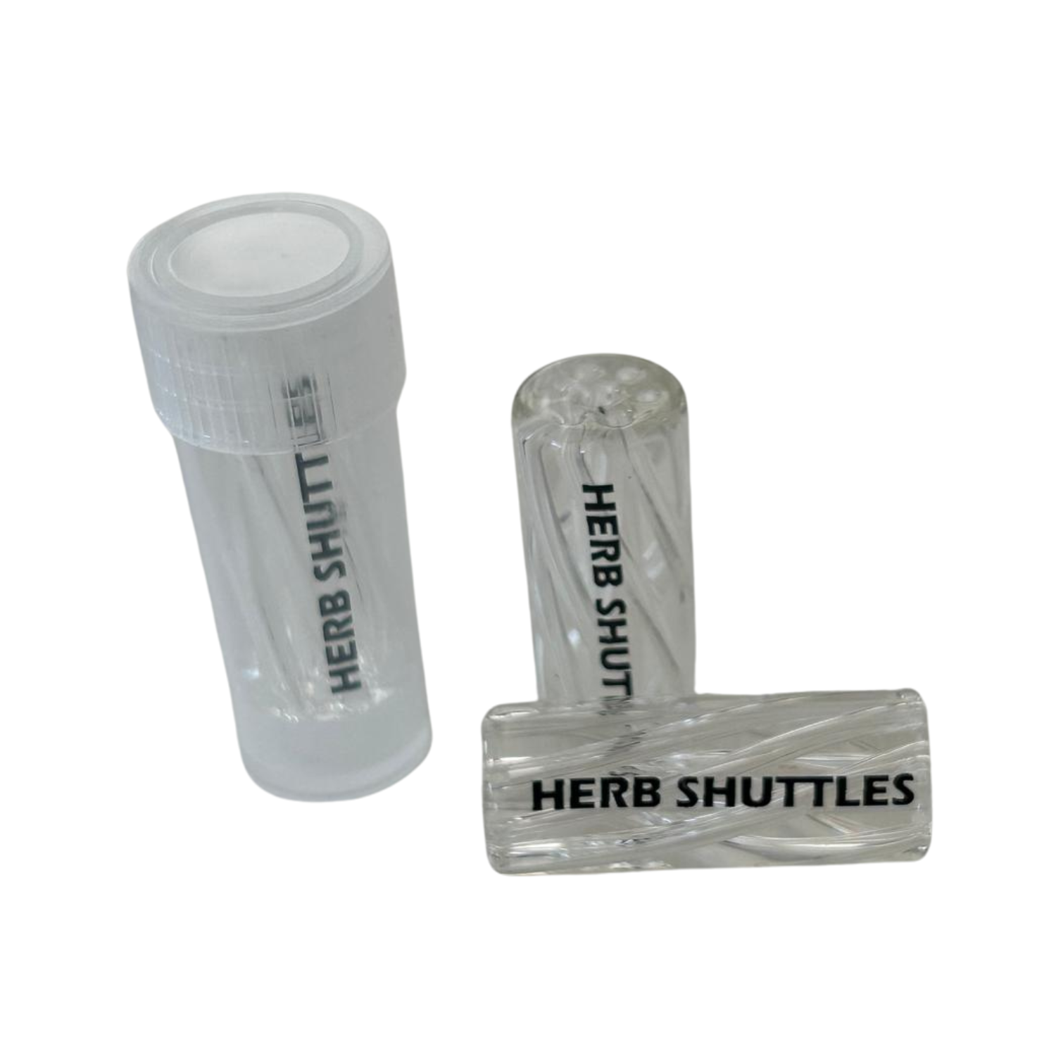 Herb Shuttles Glas Spiral-Tip 10mm in Clear aus zwei Perspektiven mit transparenter Aufbewahrungsdose