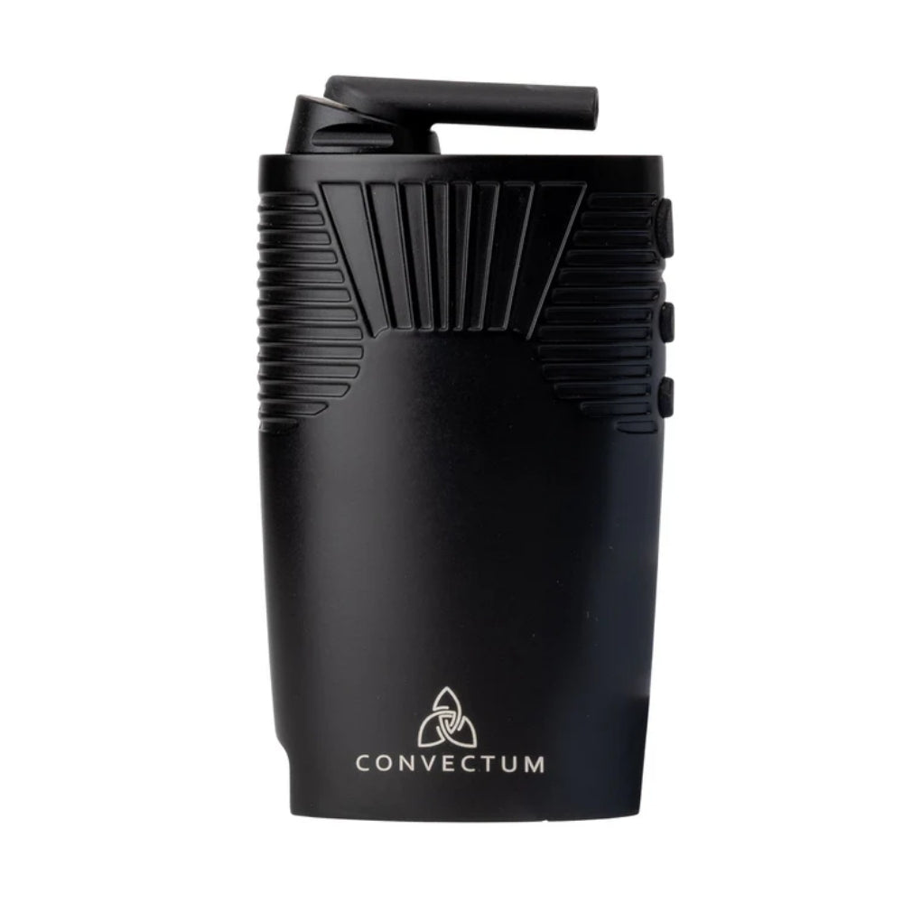 Hizen Convectum Vaporizer in Schwarz – kompakter tragbarer Vaporizer mit geriffeltem Gehäuse, seitlichen Bedienelementen, herausgeklapptem Mundstück und Convectum-Logo an der Vorderseite