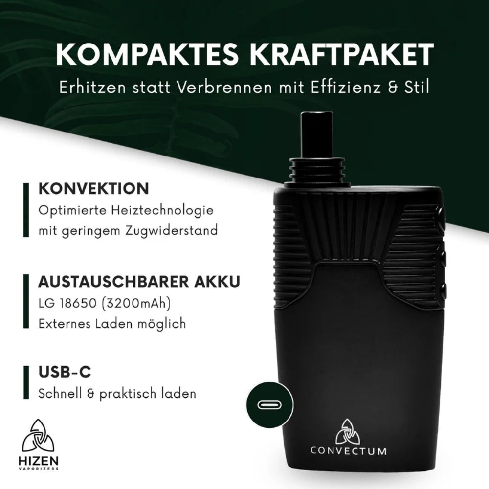 Hizen Convectum Vaporizer Infografik – Kompaktes Kraftpaket: Erhitzen statt Verbrennen mit Effizienz & Stil. Schwarzes Gerät mit aufgesetztem Mundstück und USB-C-Anschluss. Drei Produktmerkmale: Konvektion – Optimierte Heiztechnologie mit geringem Zugwiderstand; Austauschbarer Akku – LG 18650 (3200mAh), Externes Laden möglich; USB-C – Schnell & praktisch laden