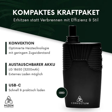 Hizen Convectum Vaporizer Infografik – Kompaktes Kraftpaket: Erhitzen statt Verbrennen mit Effizienz & Stil. Schwarzes Gerät mit aufgesetztem Mundstück und USB-C-Anschluss. Drei Produktmerkmale: Konvektion – Optimierte Heiztechnologie mit geringem Zugwiderstand; Austauschbarer Akku – LG 18650 (3200mAh), Externes Laden möglich; USB-C – Schnell & praktisch laden