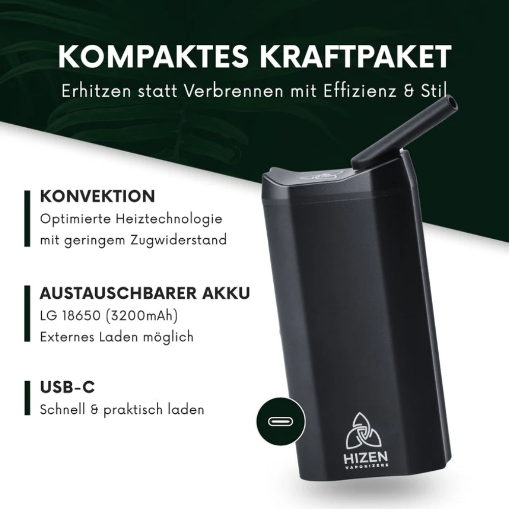 Hizen Nanu Vaporizer Infografik – Kompaktes Kraftpaket: Erhitzen statt Verbrennen mit Effizienz & Stil. Schwarzes kompaktes Gerät mit herausgeklapptem Mundstück und USB-C-Anschluss. Drei Produktmerkmale: Konvektion – Optimierte Heiztechnologie mit geringem Zugwiderstand; Austauschbarer Akku – LG 18650 (3200mAh), Externes Laden möglich; USB-C – Schnell & praktisch laden