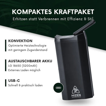 Hizen Nanu Vaporizer Infografik – Kompaktes Kraftpaket: Erhitzen statt Verbrennen mit Effizienz & Stil. Schwarzes kompaktes Gerät mit herausgeklapptem Mundstück und USB-C-Anschluss. Drei Produktmerkmale: Konvektion – Optimierte Heiztechnologie mit geringem Zugwiderstand; Austauschbarer Akku – LG 18650 (3200mAh), Externes Laden möglich; USB-C – Schnell & praktisch laden