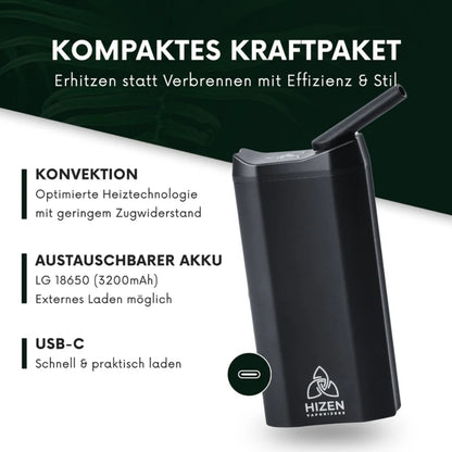Hizen Nanu Vaporizer Infografik – Kompaktes Kraftpaket: Erhitzen statt Verbrennen mit Effizienz & Stil. Schwarzes kompaktes Gerät mit herausgeklapptem Mundstück und USB-C-Anschluss. Drei Produktmerkmale: Konvektion – Optimierte Heiztechnologie mit geringem Zugwiderstand; Austauschbarer Akku – LG 18650 (3200mAh), Externes Laden möglich; USB-C – Schnell & praktisch laden