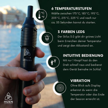 Hizen Stilus Mini Infografik – Hand hält schwarzen Vaporizer am Wasser. Vier Produktmerkmale: 6 Temperaturstufen – wählbar zwischen 175°C, 185°C, 195°C, 205°C, 215°C und 225°C, Aufheizzeit ca. 35 Sekunden; 3 Farben LEDs – grünes Licht bei Erreichen der Temperatur, zeigt Akkustand an; Intuitive Bedienung – mit nur 1 Knopf bedienbar; Vibration – signalisiert ohne Display wenn Temperatur oder Sessionende erreicht ist
