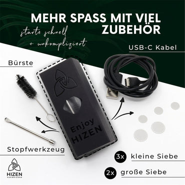 Hizen Stilus Pro Zubehör-Infografik – Mehr Spass mit viel Zubehör, starte schnell + unkompliziert. Schwarzes Gerät mit Aufschrift "Enjoy Hizen" in der Mitte, umgeben von beschriftetem Zubehör: Bürste (Reinigungsbürste), Stopfwerkzeug (Metallstäbchen), USB-C Kabel sowie 3x kleine Siebe und 2x große Siebe
