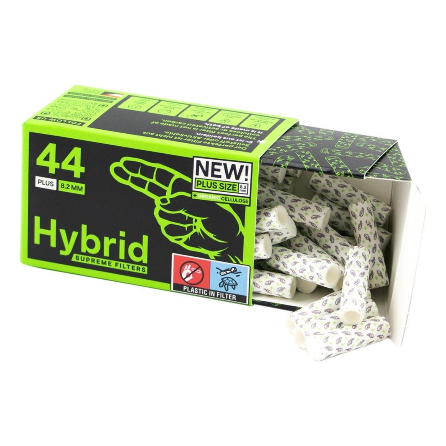Hybrid Supreme Filters Plus Size 44er Pack 8,2mm – geöffnete schwarz-grüne Faltschachtel mit New! Plus Size Organic Cellulose Kennzeichnung und "Plastic in Filter"-Hinweisicons, herausfallende weiße zylindrische Filter mit Blatt-Musteraufdruck