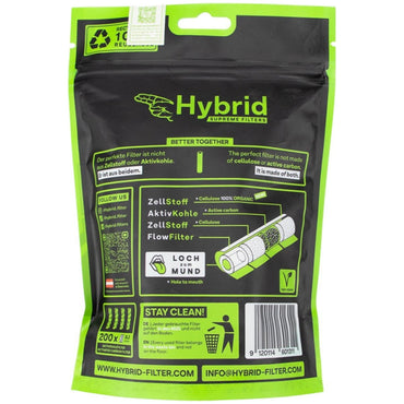 Hybrid Supreme Filters Plus Size White 200er Pack – Rückseite der schwarz-grünen Standbeutel-Verpackung mit Produktbeschreibung "Better Together", Aufbau-Illustration der vier Filter-Schichten (ZellStoff, AktivKohle, ZellStoff, FlowFilter), Stay Clean!-Hinweis, Recycling-Symbol, 100% Vegan-Siegel und Barcode