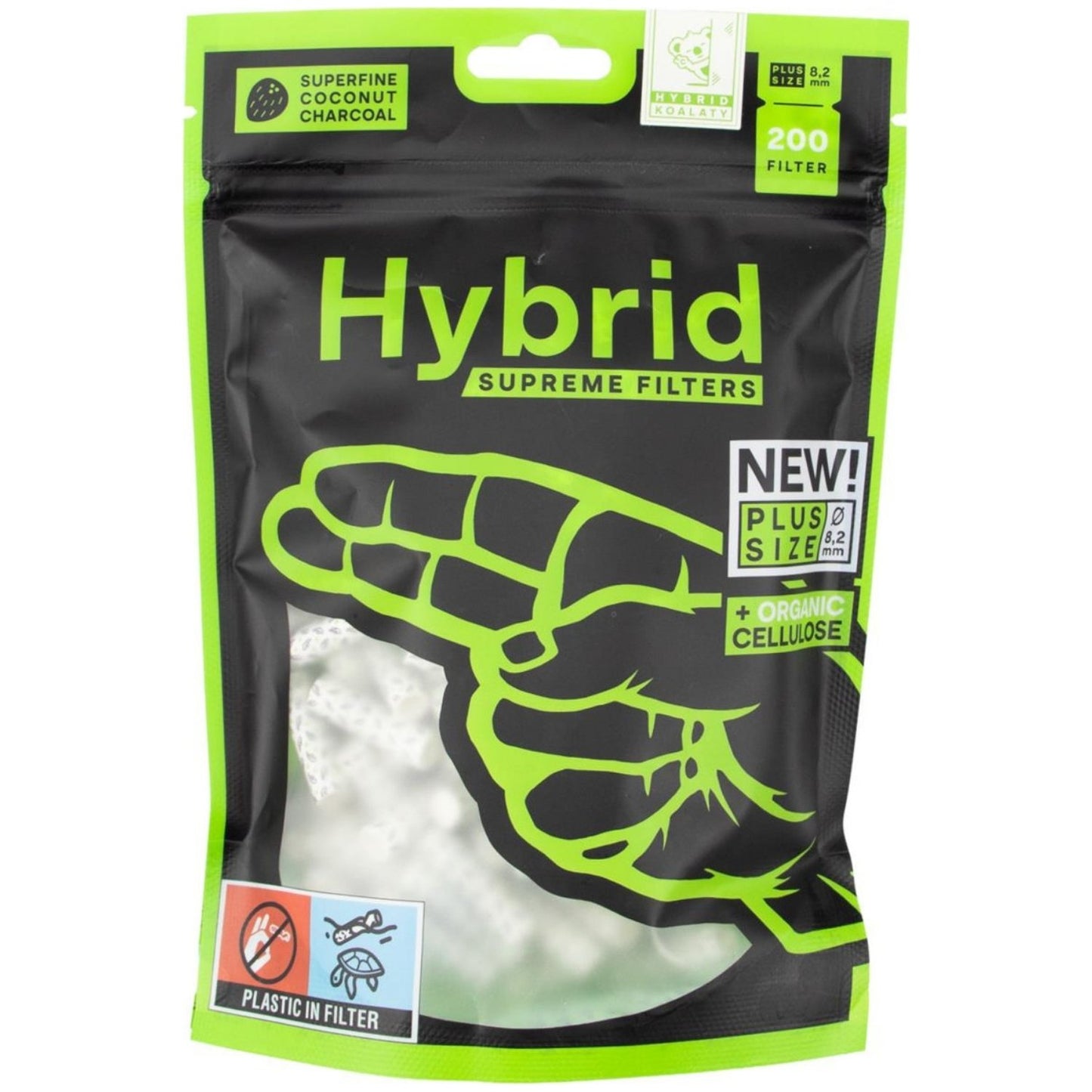 Hybrid Supreme Filters Plus Size White 200er Pack – schwarz-grüner Standbeutel mit Hand-Illustration, sichtbaren weißen Filtern durch Sichtfenster, New! Plus Size 8,2mm + Organic Cellulose Kennzeichnung, Superfine Coconut Charcoal und Plastic in Filter-Hinweisicons