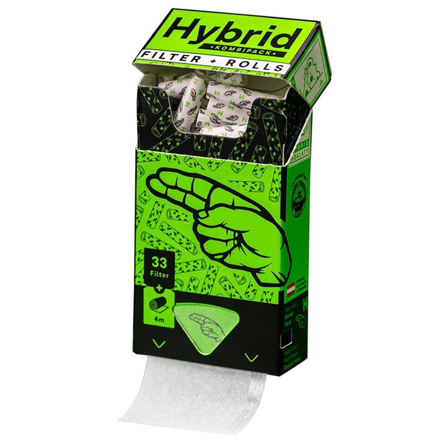 Hybrid Filter + Rolls Kombipack – geöffnete schwarz-grüne Zigarettenschachtel-förmige Verpackung mit Hand-Illustration, 33 Filter im oberen Fach sichtbar, unten herausrollendes 4m Papierroll, österreichische Flagge auf der Seite