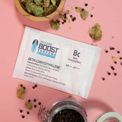 Integra Boost Terpene Essentials Beta-Caryophyllene Bc 62% RH 67g, Mögliche Wirkungen Entzündungshemmend Schmerzlindernd Stimmungsaufhellend Entspannend Beruhigend, Aroma Scharfe Erdige Gewürze, Geschmack Komplexe Erdige Basis mit Gewürznoten, Botanische Quellen Nelken Schwarzer Pfeffer Kümmel Hopfen Oregano Basilikum, Hopfenblüten und Pfefferkörner, rosa Hintergrund