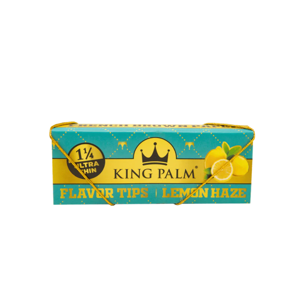 King Palm Papers & Flavor Tips Lemon Haze 1¼ Size Ultra Thin – längliches Booklet in Türkis-Gold mit Zitronenillustration und goldenem Zugband, French Brown Paper